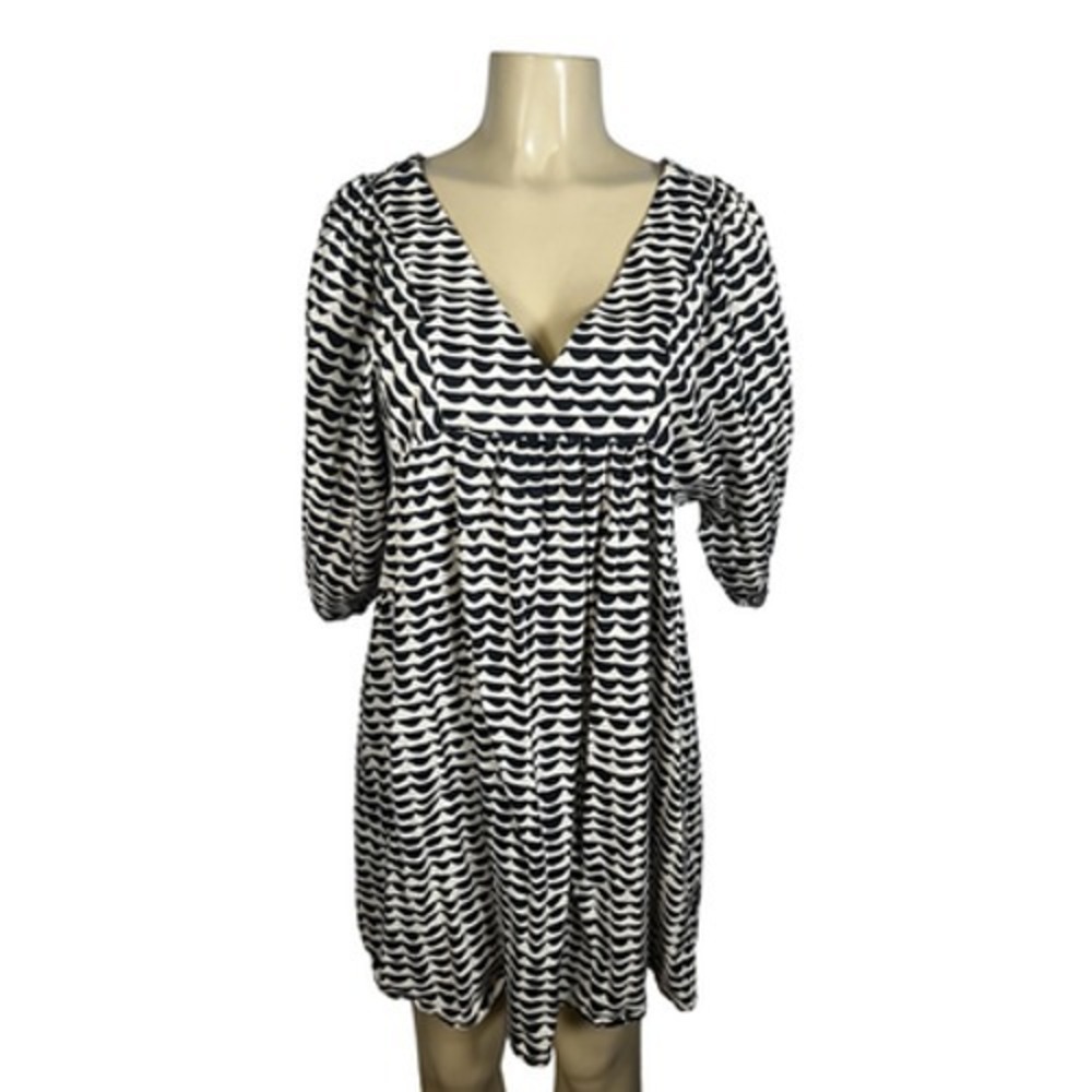 Böhme Dress Womens Medium Black White Stripe V Neck Empire Trapeze Boho